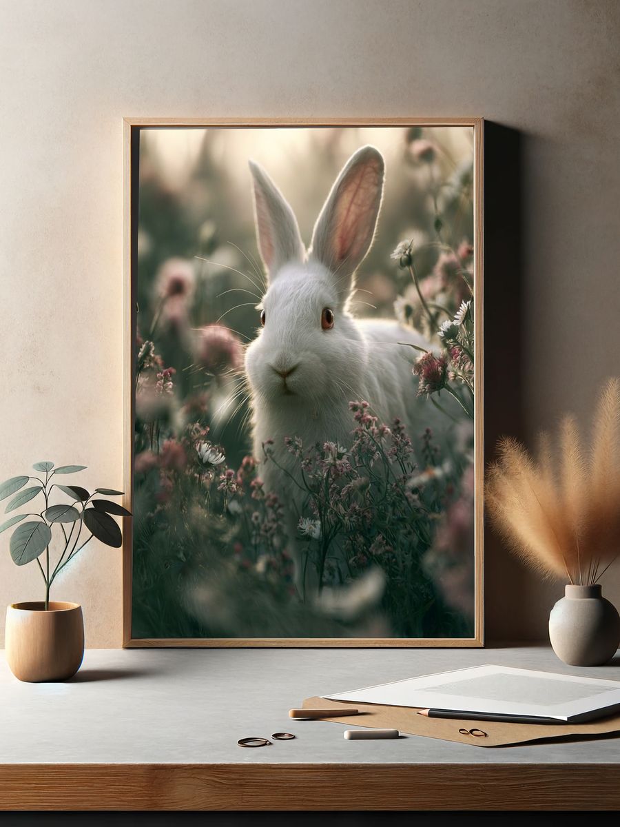 White Rabbit in Wildflowers Poster. — room view 2