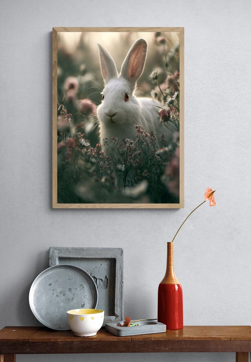 White Rabbit in Wildflowers Poster. — room view 3