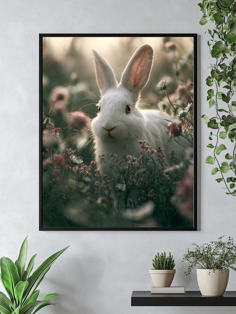 White Rabbit in Wildflowers Poster. — room view 4