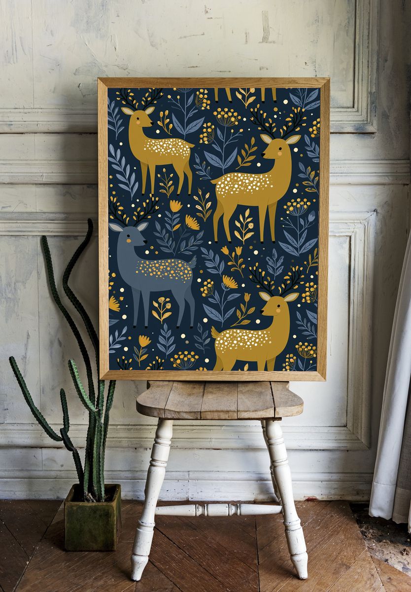 Golden Deer Botanical Pattern Poster. room preview