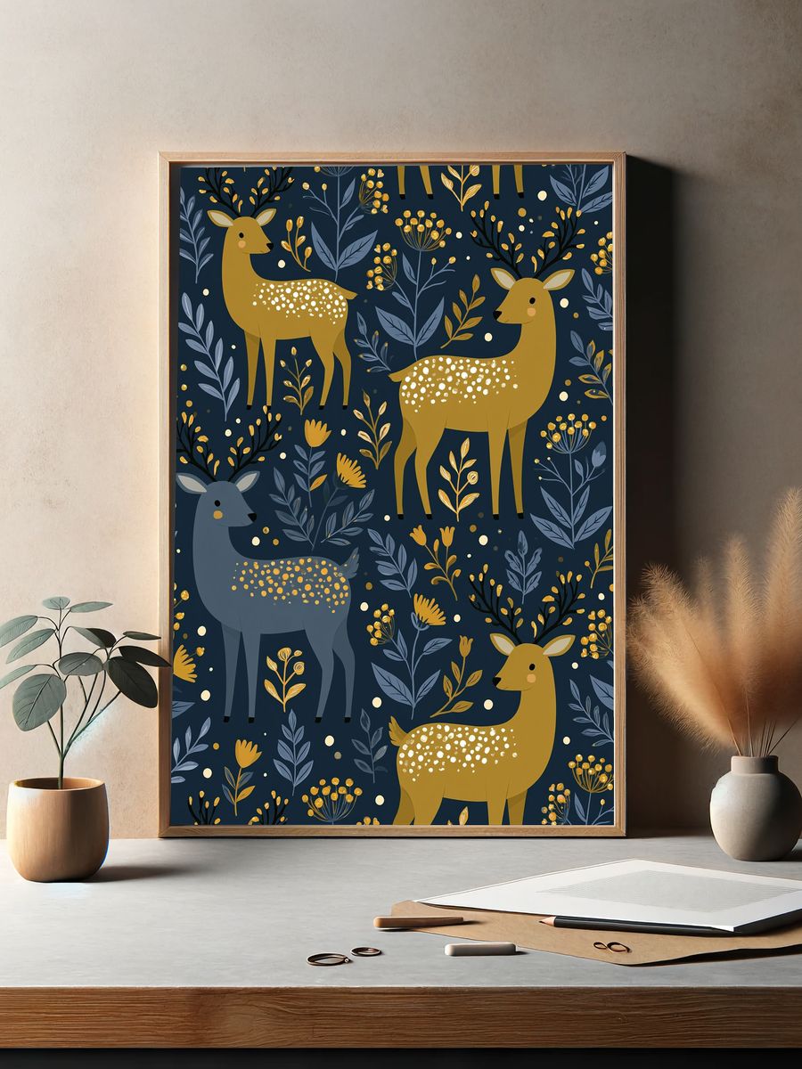 Golden Deer Botanical Pattern Poster. — room view 2