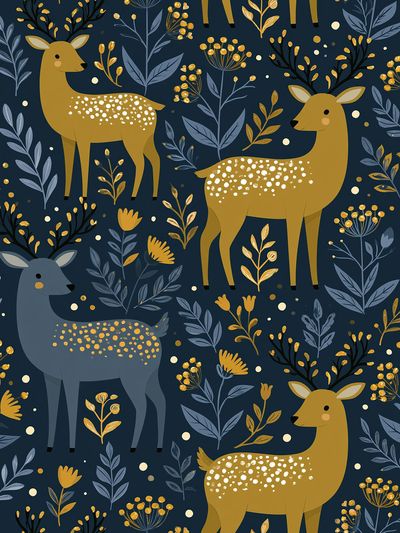 Golden Deer Botanical Pattern Poster.