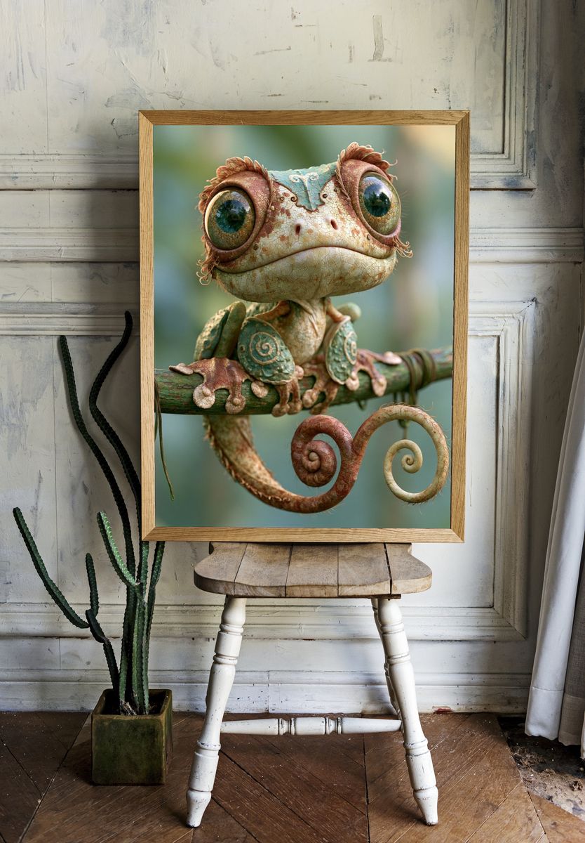 Whimsical Chameleon Portrait Print. — room view 1