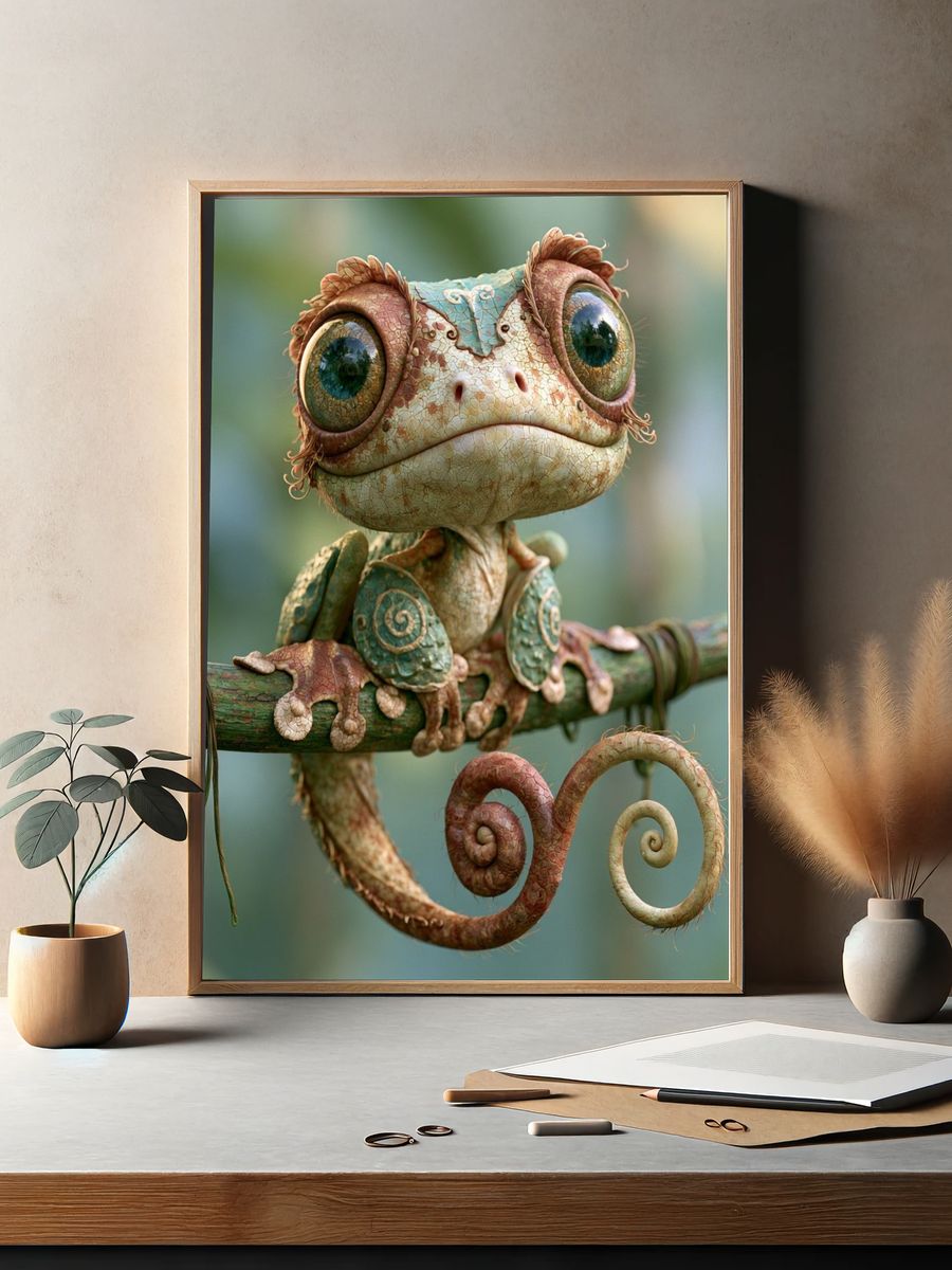 Whimsical Chameleon Portrait Print. — room view 2