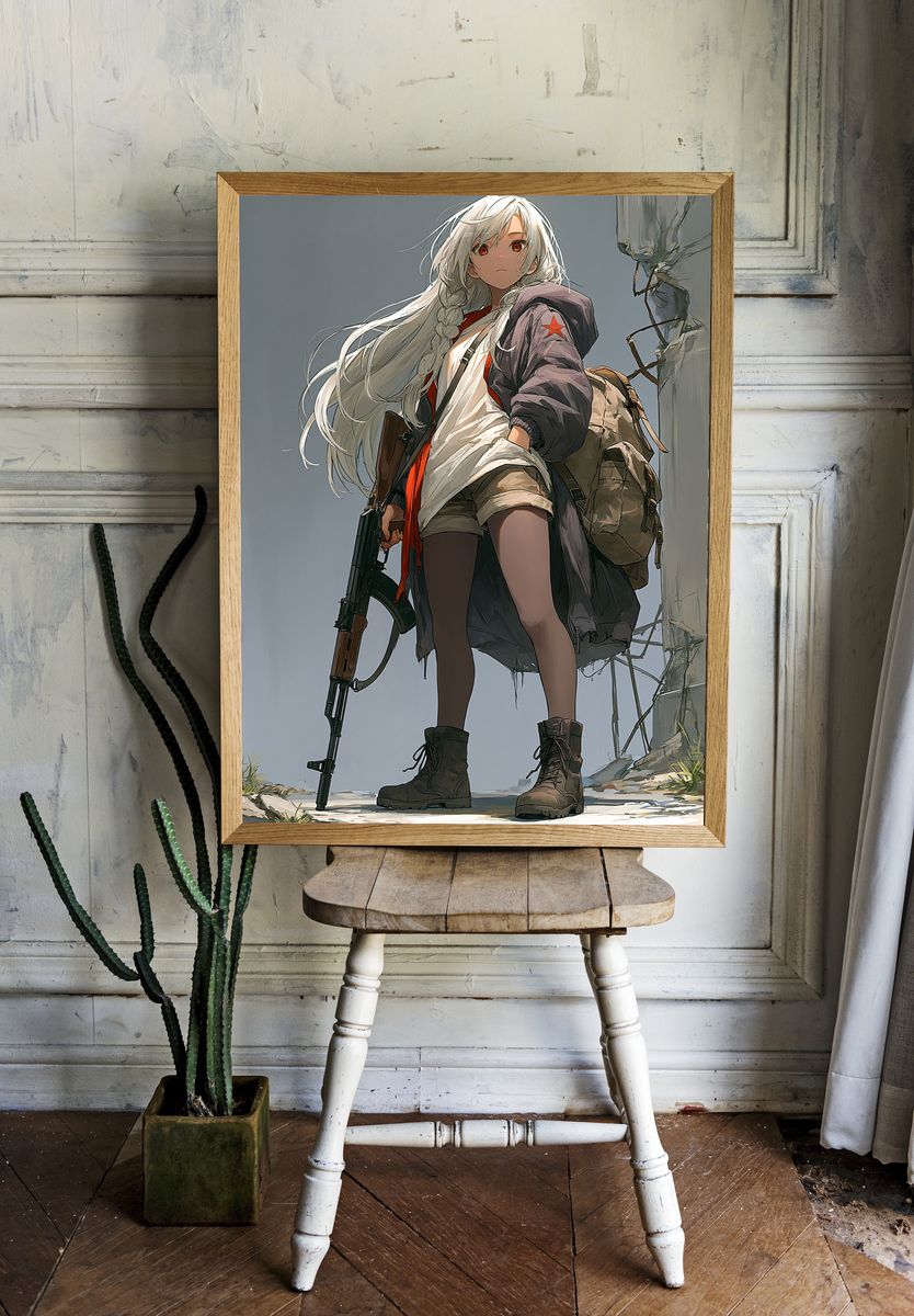 White-Haired Anime Warrior Poster. — room view 1