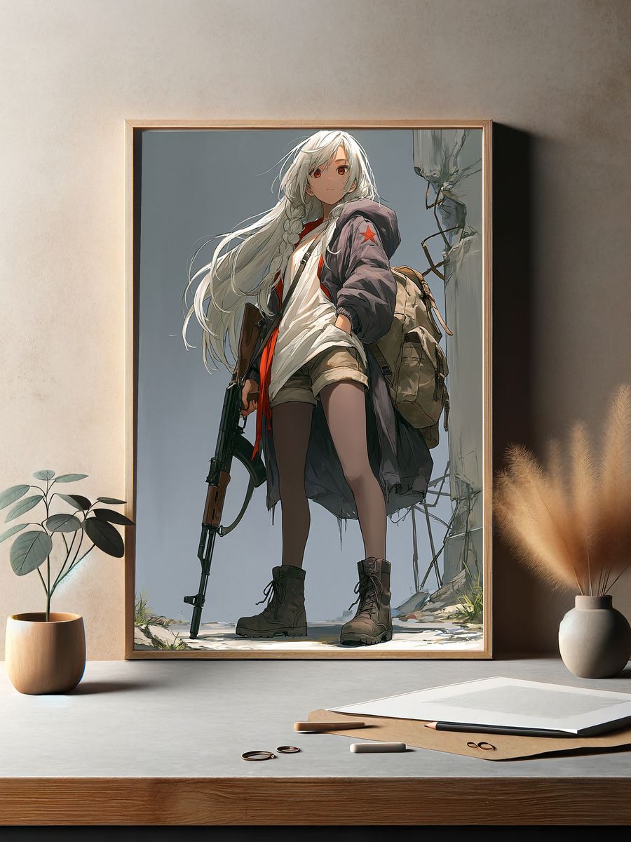 White-Haired Anime Warrior Poster. — room view 2