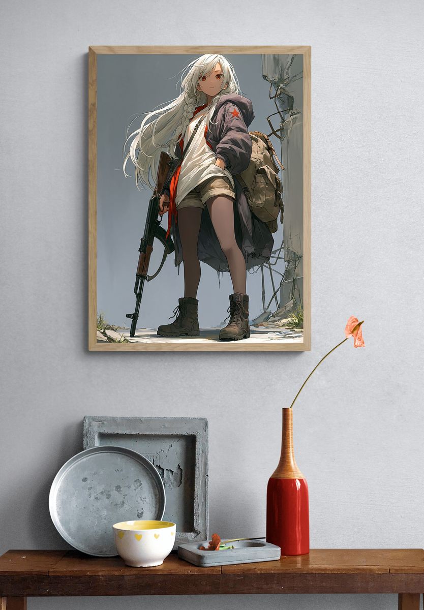 White-Haired Anime Warrior Poster. — room view 3