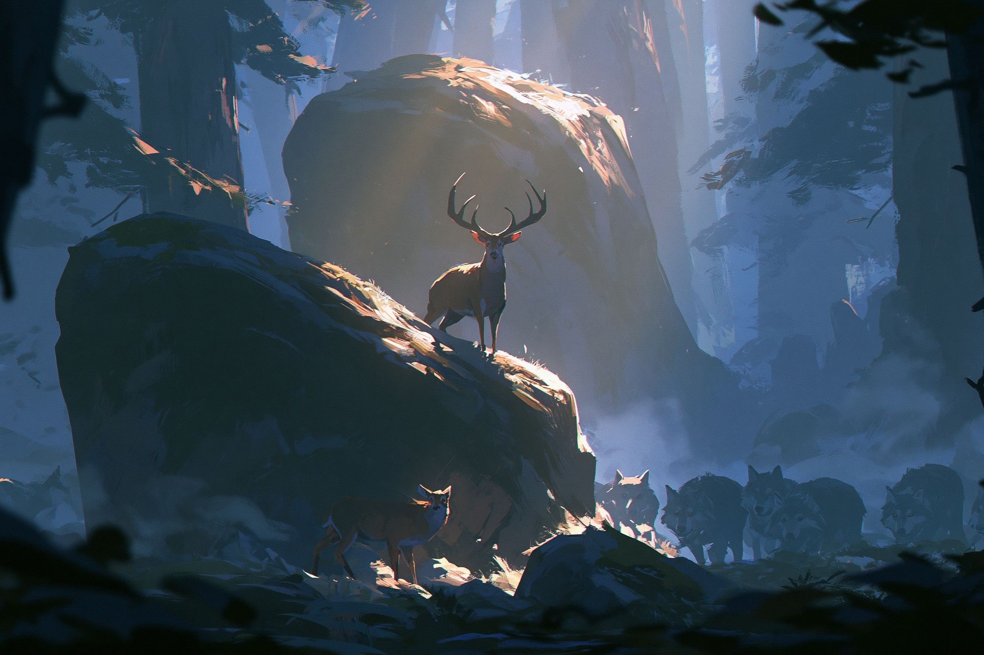Deer in Misty Forest Illustration Poster. poster detail
