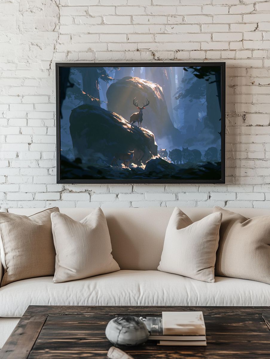 Deer in Misty Forest Illustration Poster. room preview