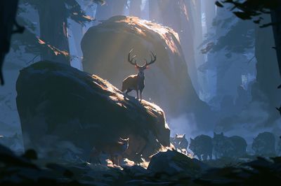 Deer in Misty Forest Illustration Poster. poster