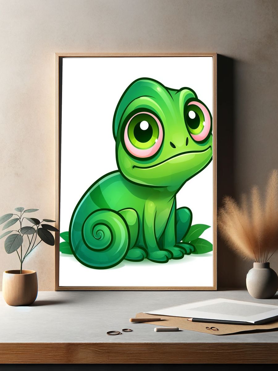 Cute Green Chameleon Cartoon Poster. — room view 2