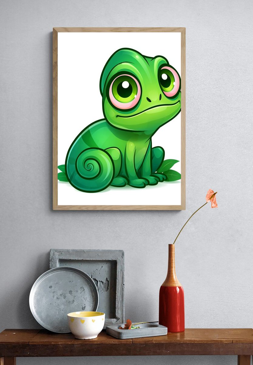 Cute Green Chameleon Cartoon Poster. — room view 3