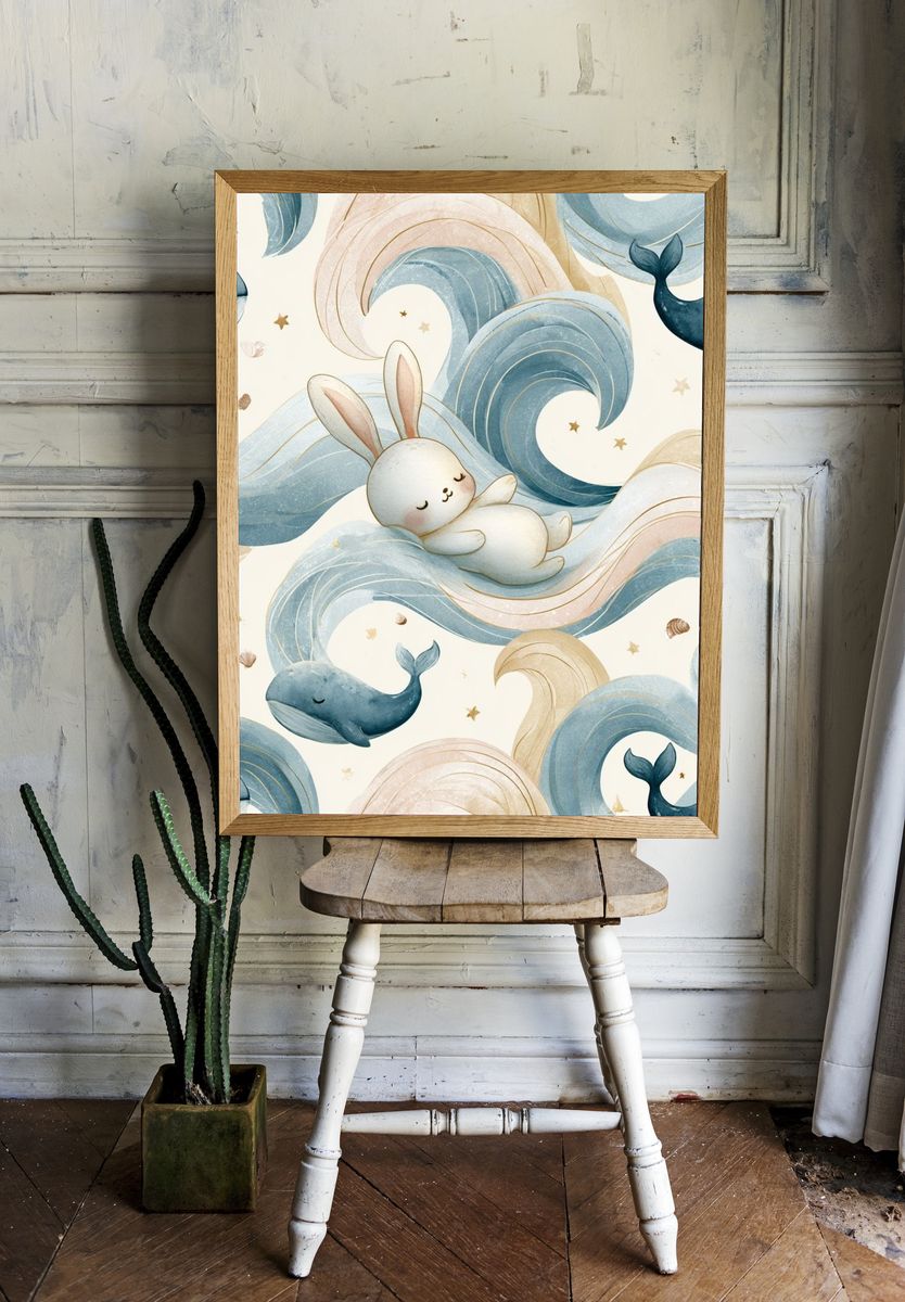 Whale and Bunny Nursery Print. — room view 1