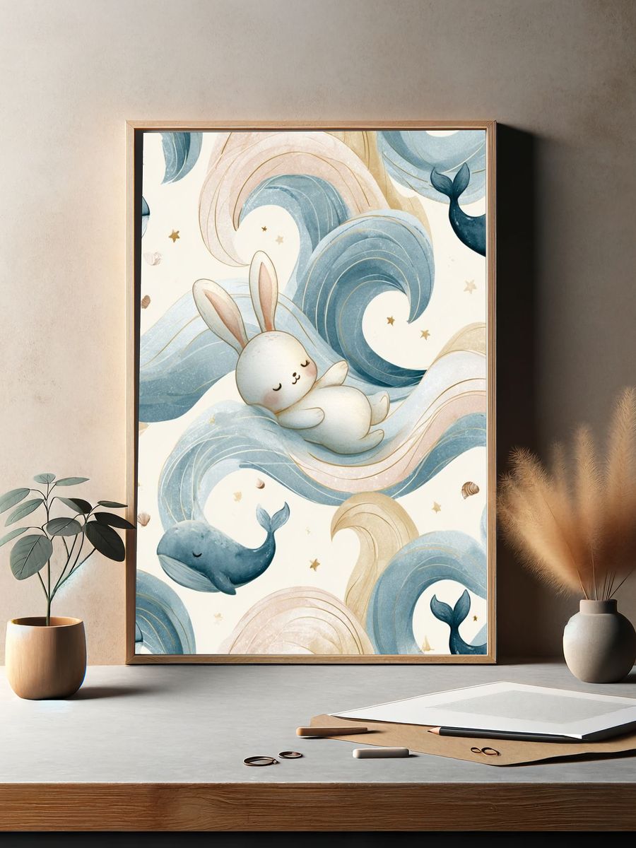 Whale and Bunny Nursery Print. — room view 2