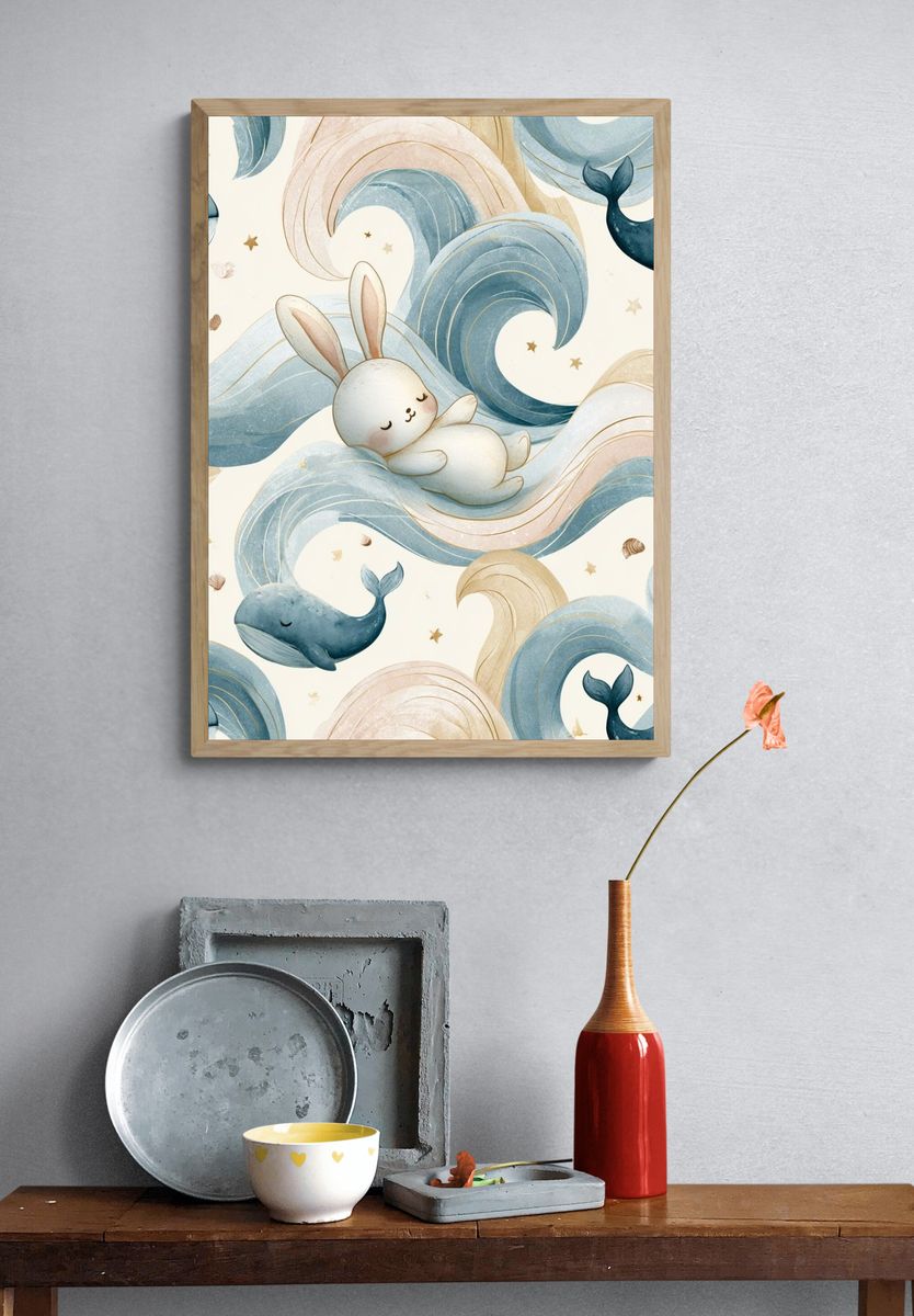 Whale and Bunny Nursery Print. — room view 3