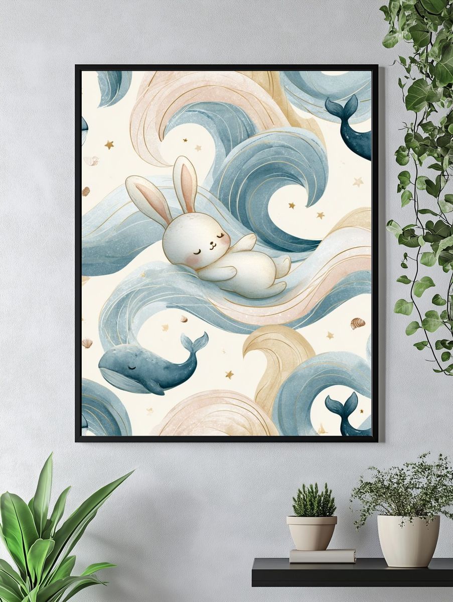 Whale and Bunny Nursery Print. — room view 4