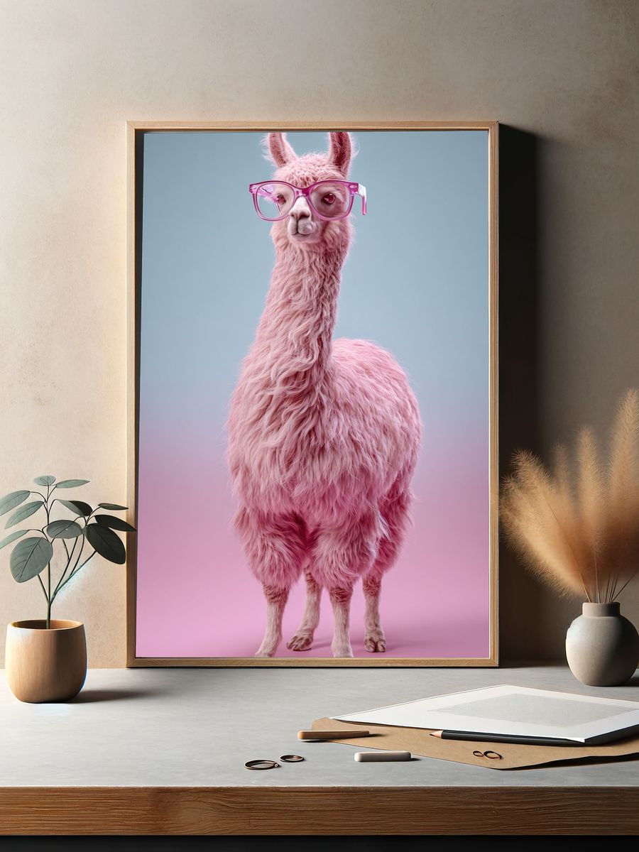 Pink Llama with Glasses Poster. — room view 2