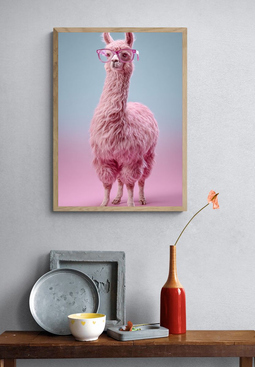 Pink Llama with Glasses Poster. — room view 3