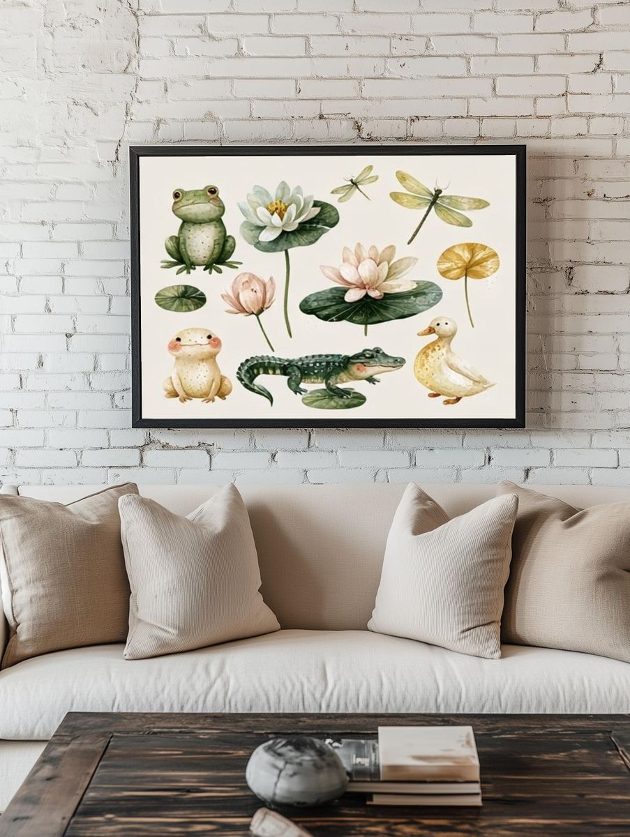 Watercolor Frogs and Lotus Print. room preview