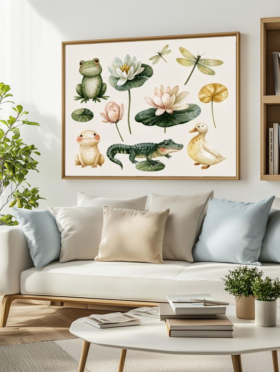 Watercolor Frogs and Lotus Print. — room view 2