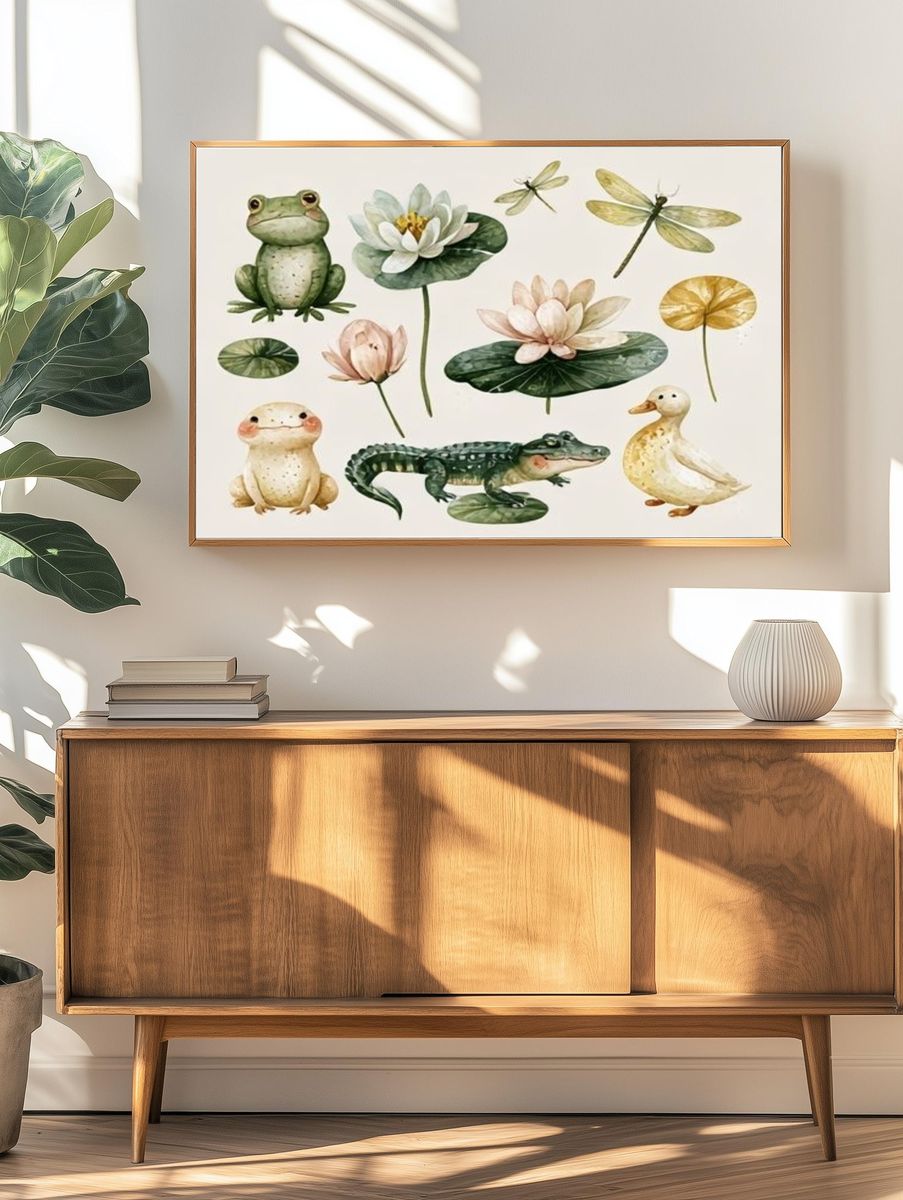 Watercolor Frogs and Lotus Print. — room view 3
