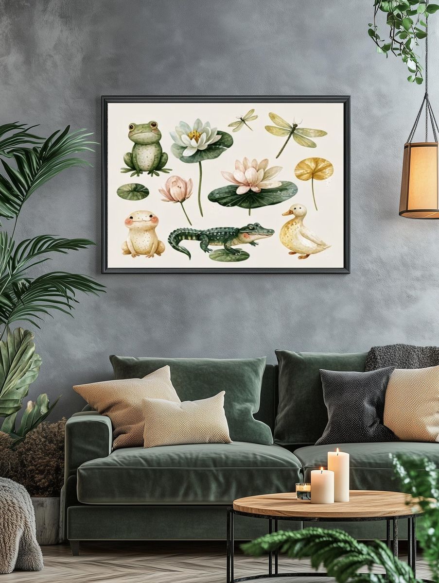 Watercolor Frogs and Lotus Print. — room view 4