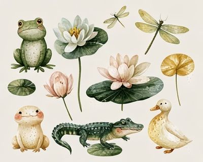 Watercolor Frogs and Lotus Print.