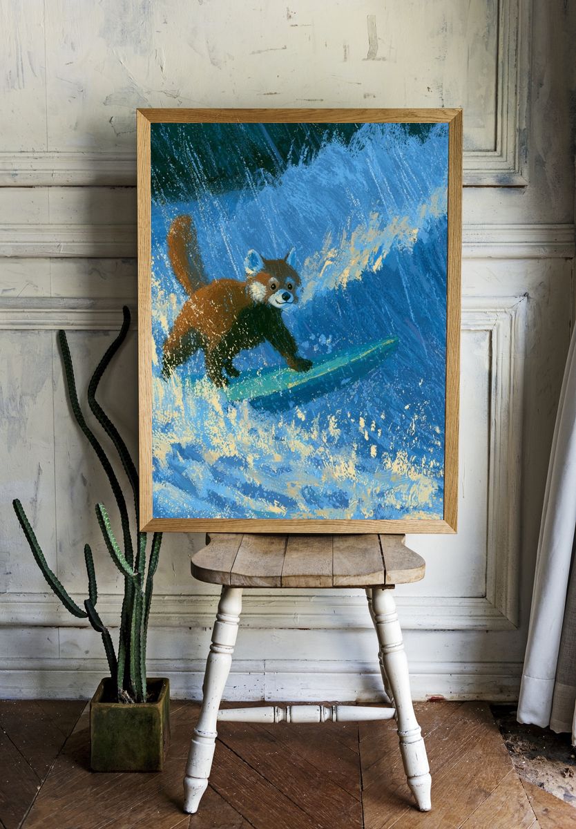 Surfing Red Panda Illustration Poster. — room view 1