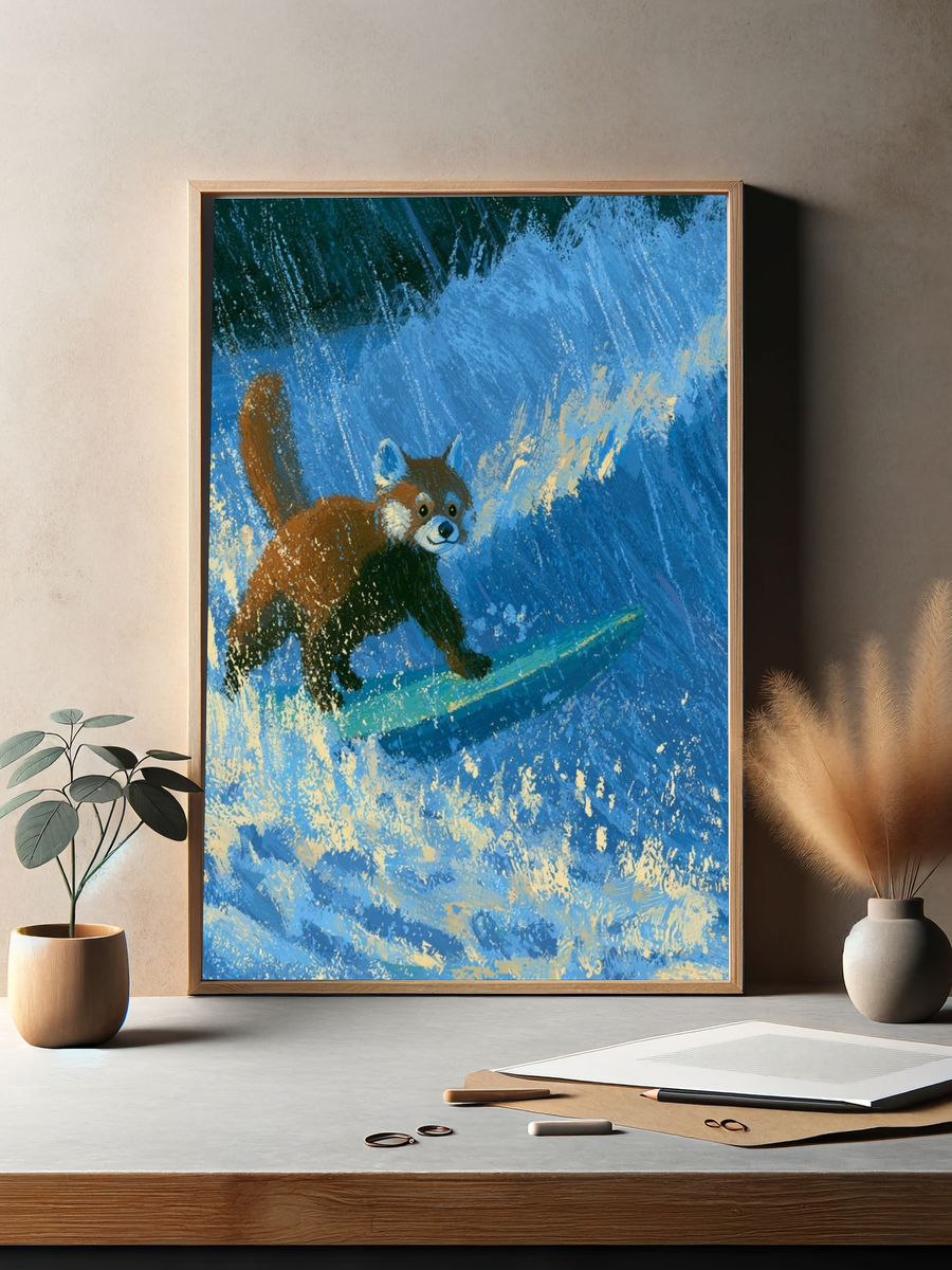 Surfing Red Panda Illustration Poster. — room view 2