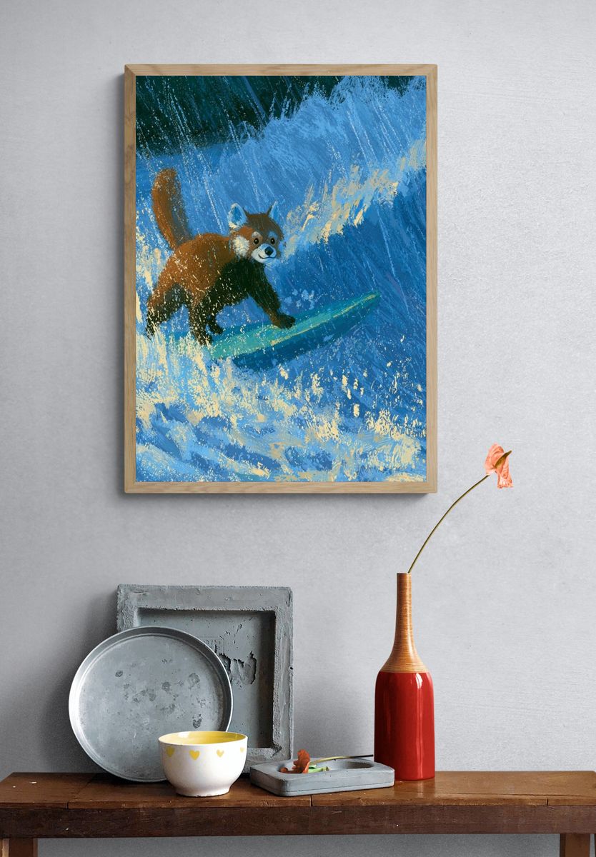Surfing Red Panda Illustration Poster. — room view 3