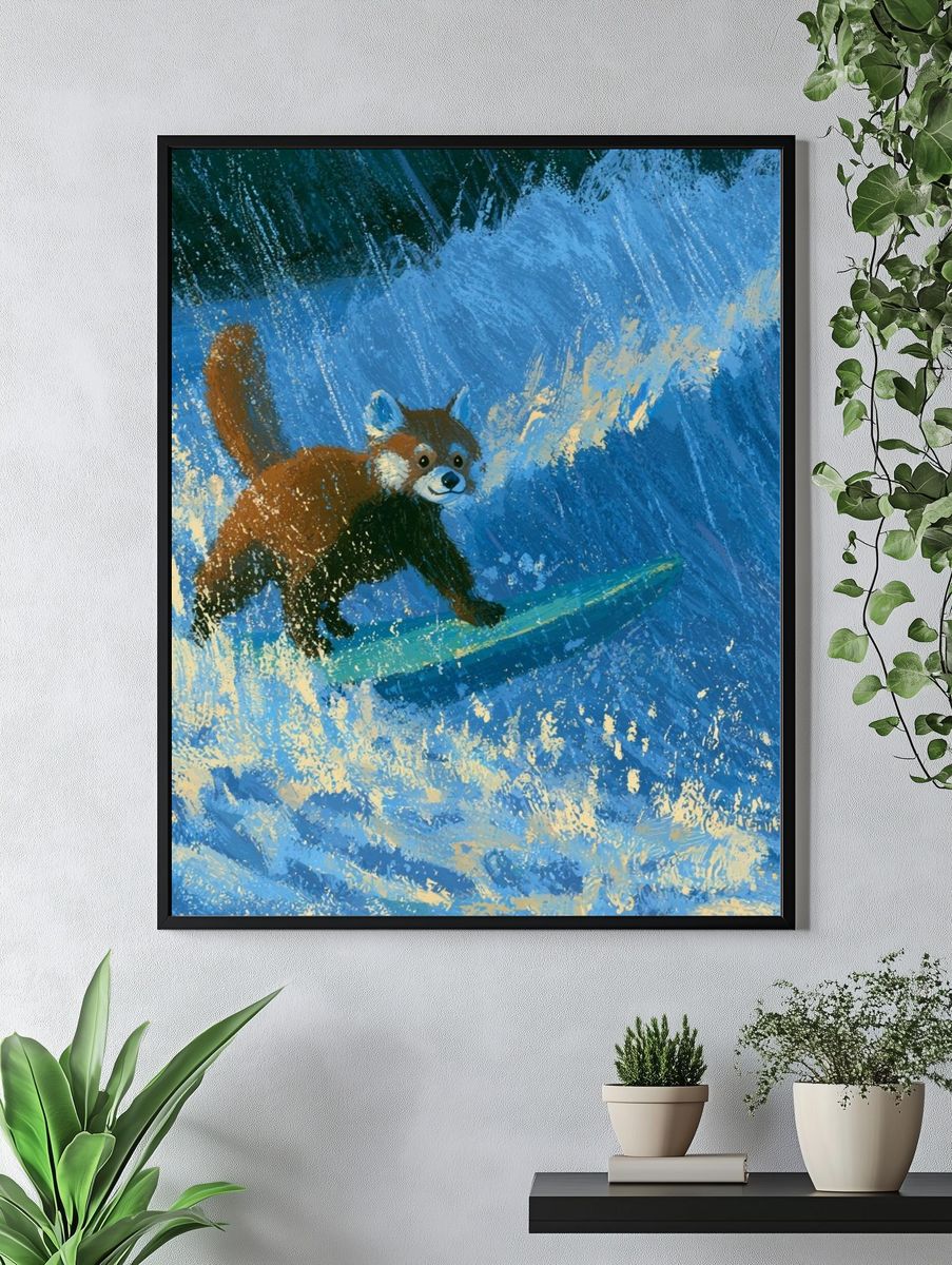 Surfing Red Panda Illustration Poster. — room view 4