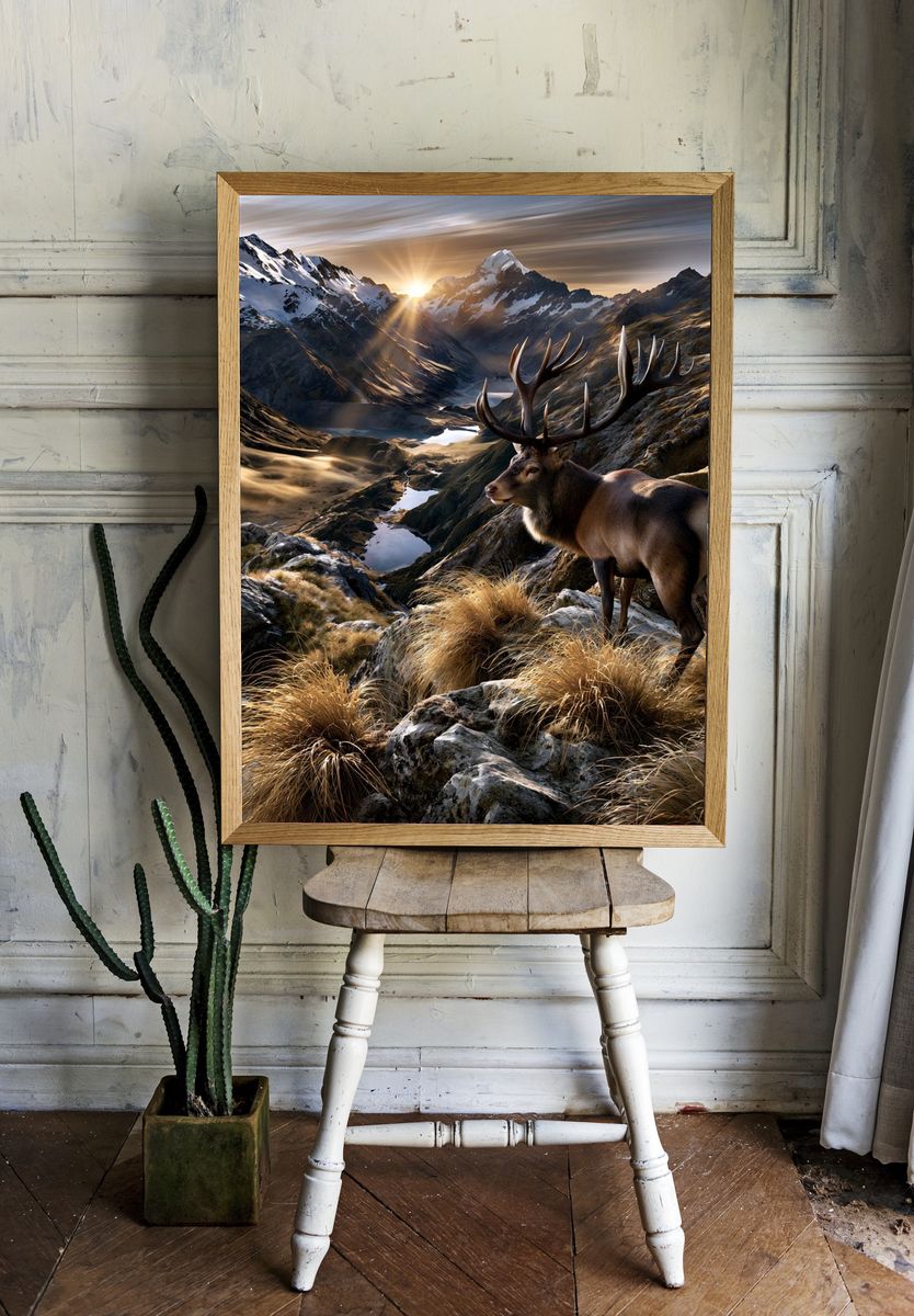 Majestic Stag Mountain Sunrise Poster. room preview