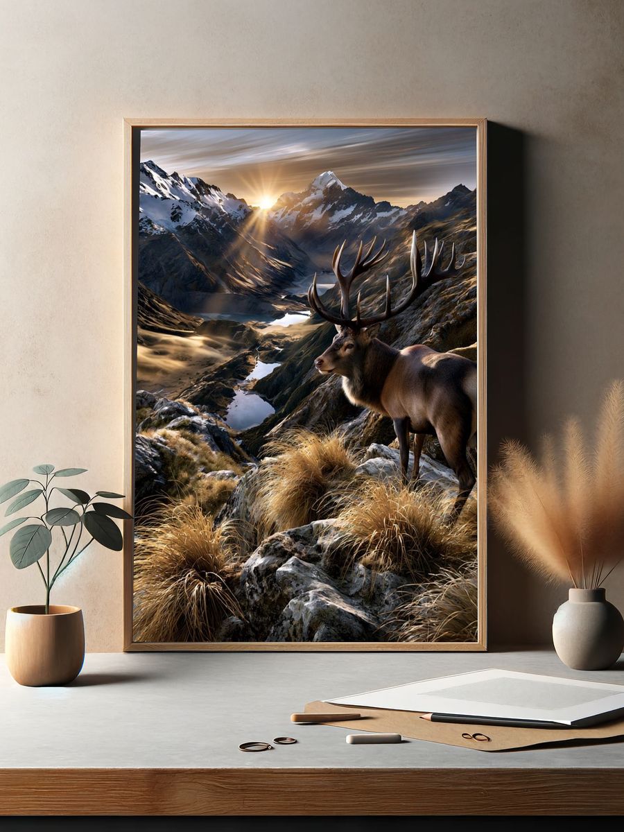 Majestic Stag Mountain Sunrise Poster. — room view 2