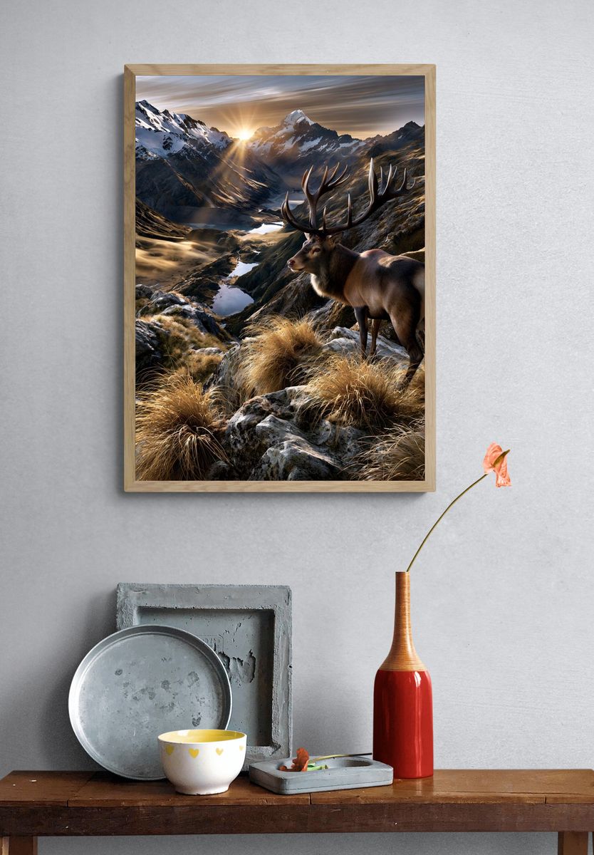 Majestic Stag Mountain Sunrise Poster. — room view 3