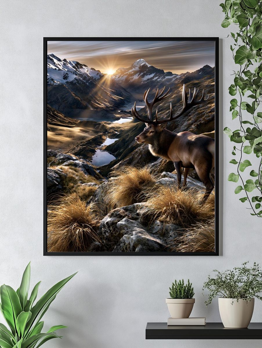 Majestic Stag Mountain Sunrise Poster. — room view 4