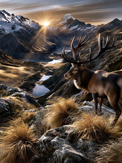 Majestic Stag Mountain Sunrise Poster. poster