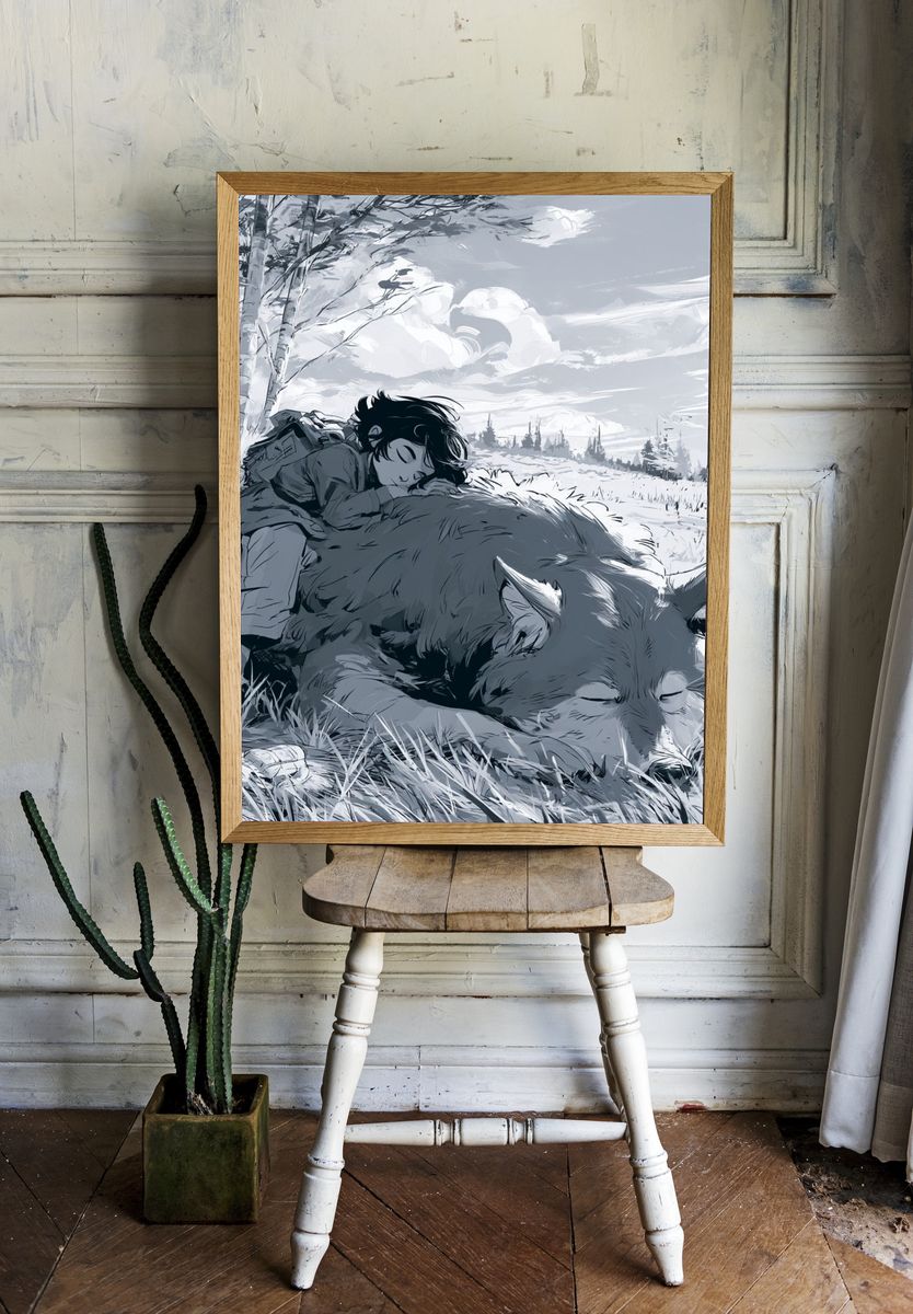 Boy and Wolf Forest Print. — room view 1