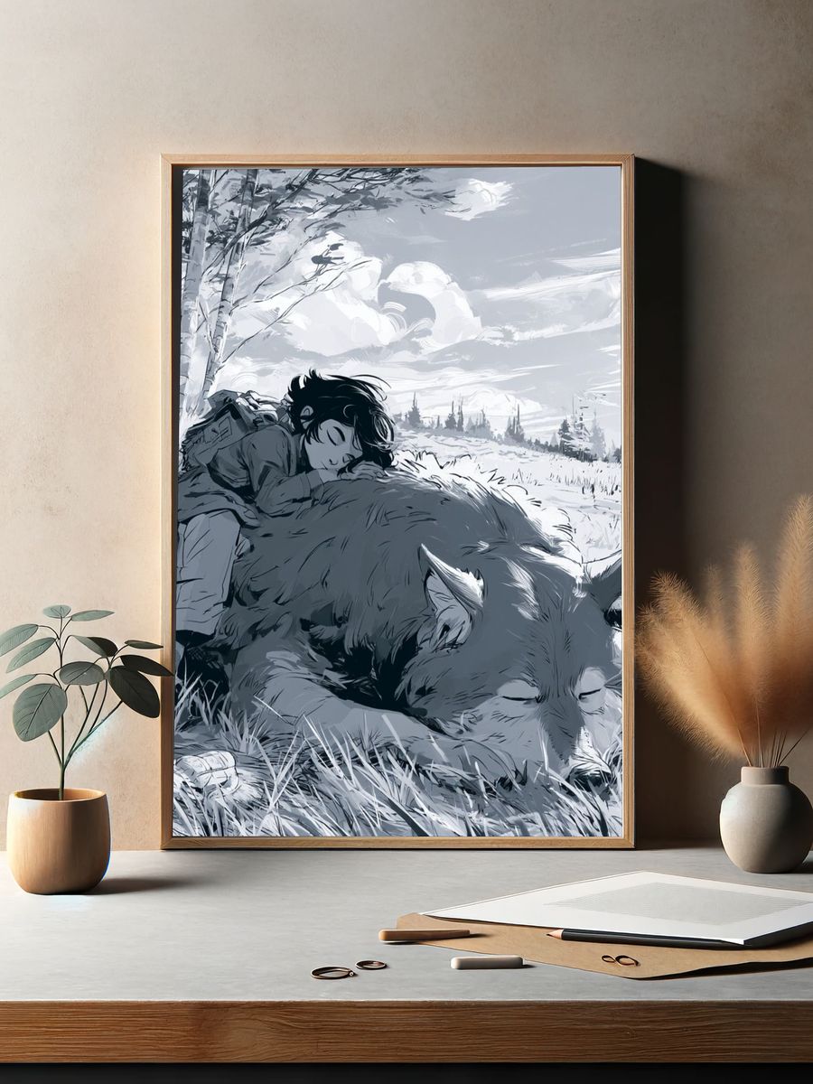 Boy and Wolf Forest Print. — room view 2