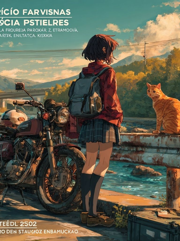 Anime Girl and Cat by Motorcycle Print. poster — anime art