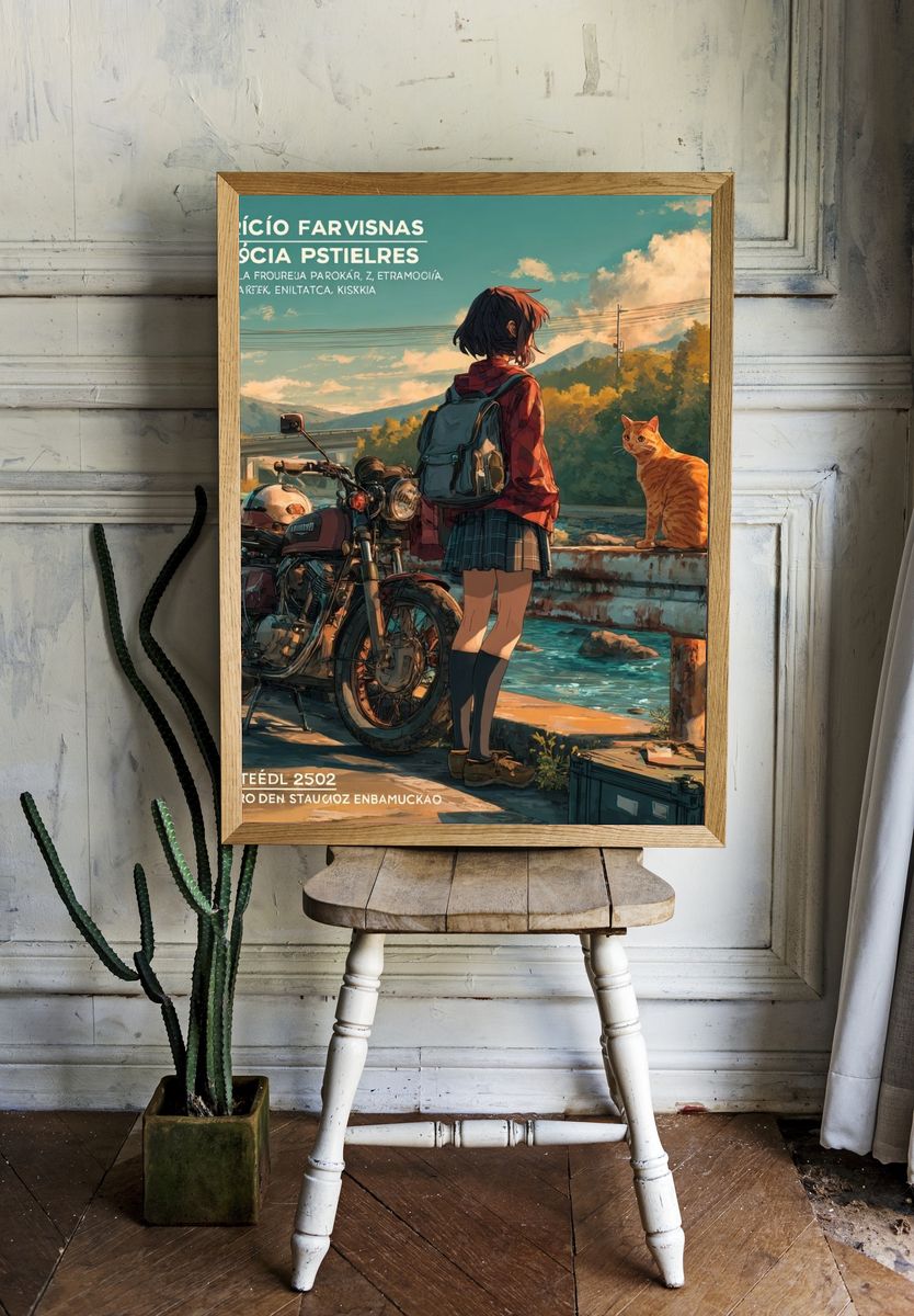 Anime Girl and Cat by Motorcycle Print. room preview