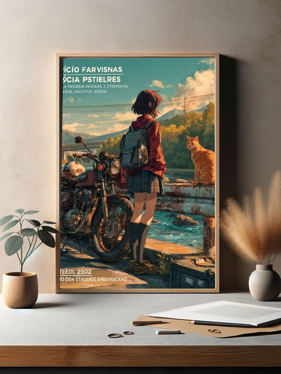 Anime Girl and Cat by Motorcycle Print. — room view 2