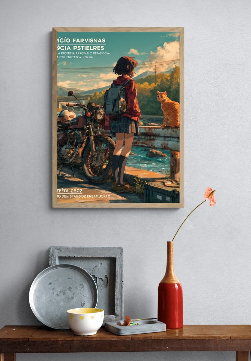 Anime Girl and Cat by Motorcycle Print. — room view 3