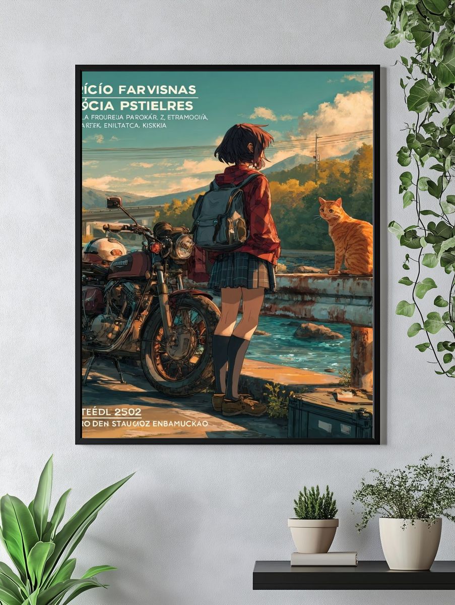 Anime Girl and Cat by Motorcycle Print. — room view 4