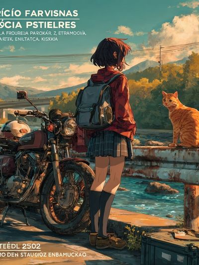 Anime Girl and Cat by Motorcycle Print.