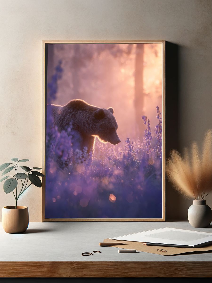 Bear in Lavender Light Poster. — room view 2