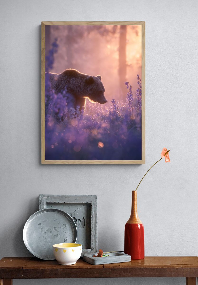 Bear in Lavender Light Poster. — room view 3