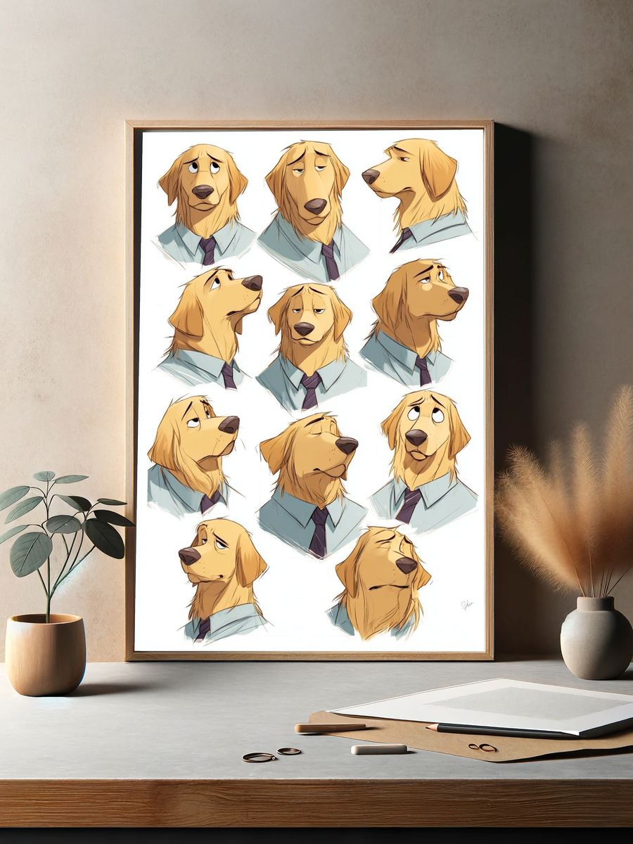 Golden Retriever Expressions Illustration Poster. — room view 2
