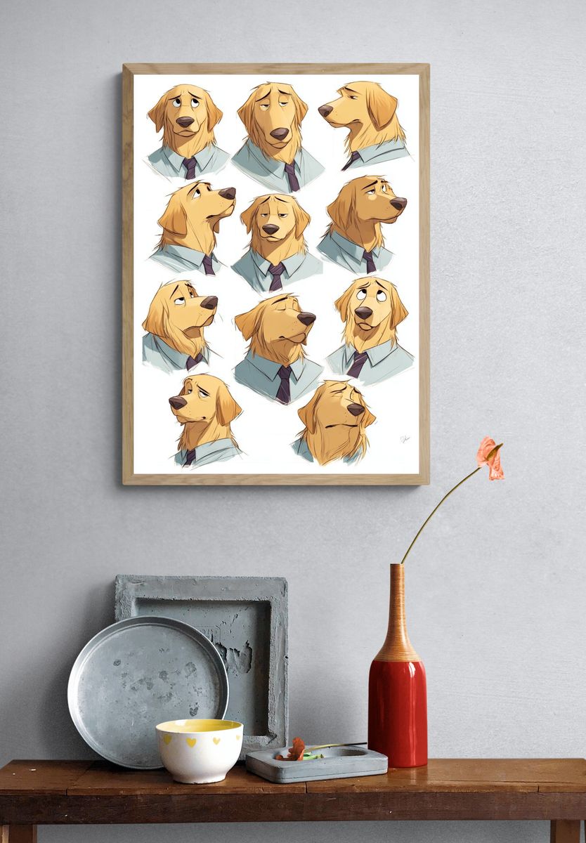 Golden Retriever Expressions Illustration Poster. — room view 3