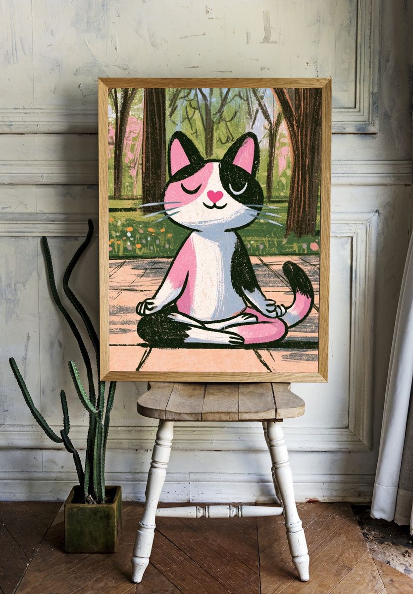 Meditating Cat Illustration Poster. room preview