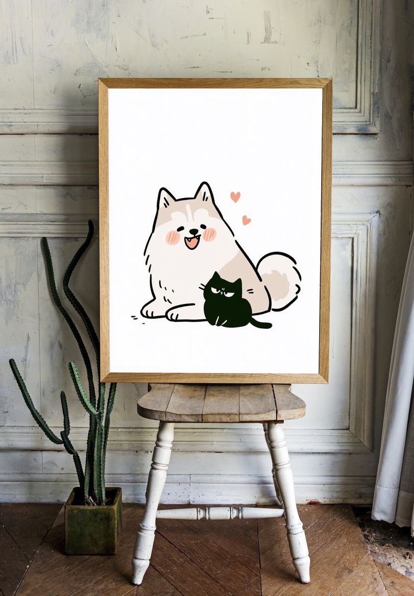 Cute Cat and Dog Illustration Poster. room preview